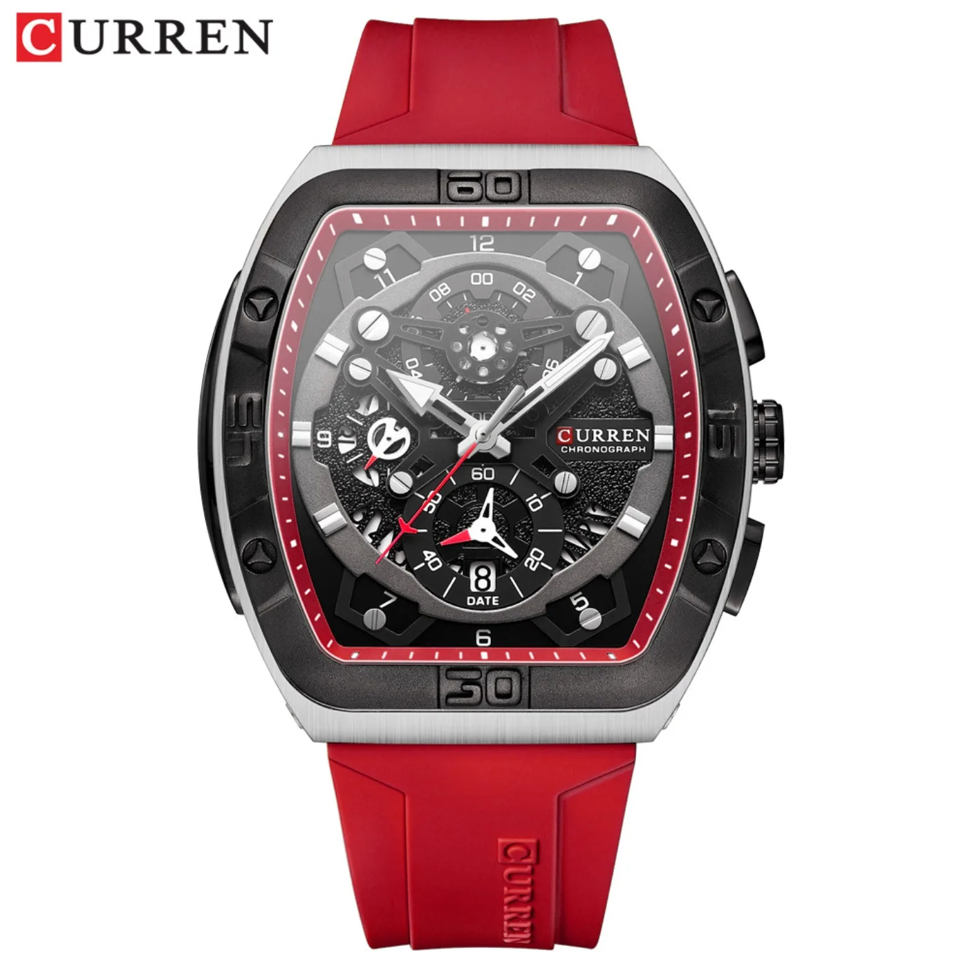 CURREN Brand Unique Tonneau Watches with Large Dial Casual Quartz Silicone Strap Wrist Watches with Luminous 8443