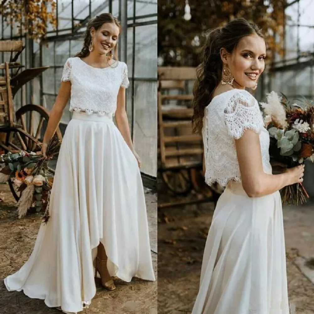 ZJ6054 Bohemian Two Pieces Wedding Dresses 2024 Lace Top Short Sleeve Bridal Gown Jewel Neck Beach Wedding Gown Vestidos De Novi