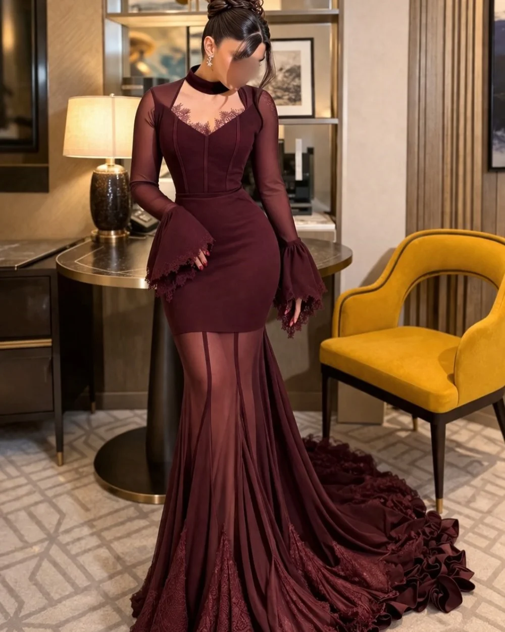 

Customized Burgundy Modest Fashion Chiffon Pleat Lace Mermaid High Collar Floor-Length Evening Dresses High Quality