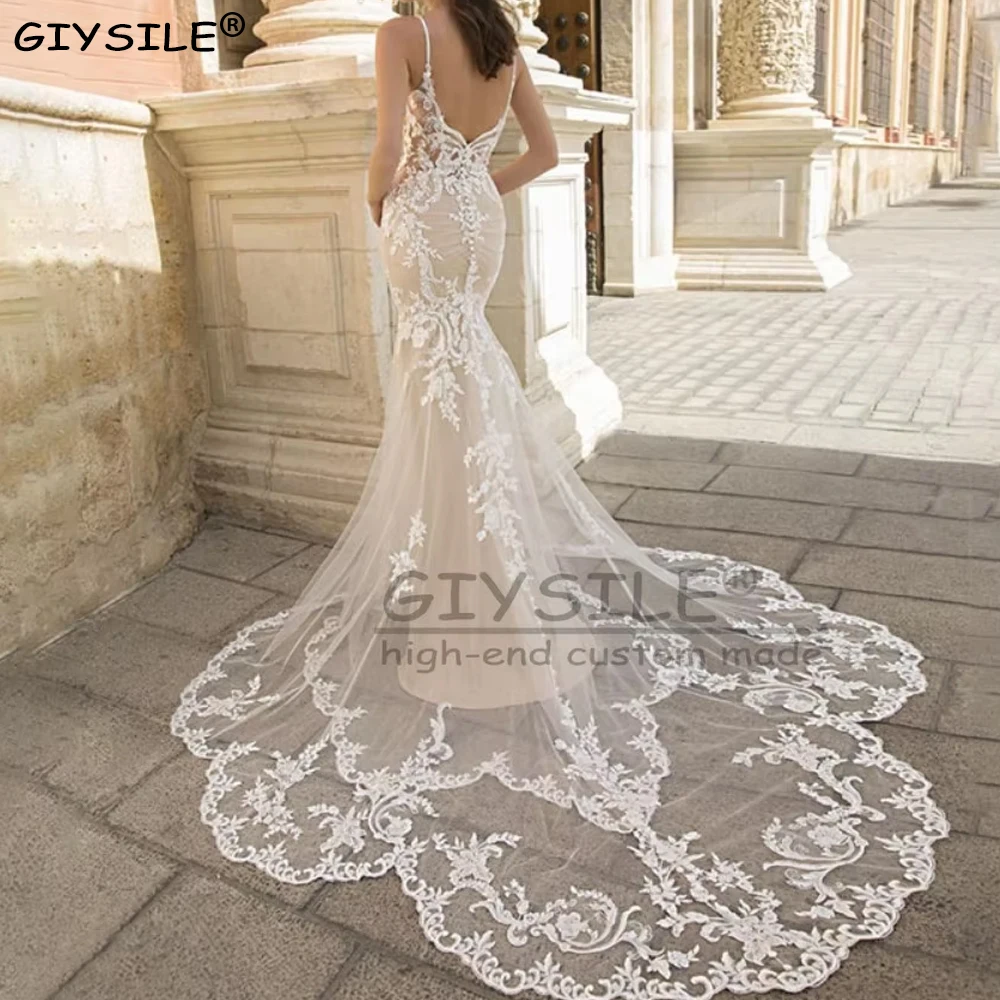 

GIYSILE Customized Wedding Dresses for Women Sexy Deep V-Neck Backless Chapel Train Backless Party Dresses Wedding Gown Vestidos