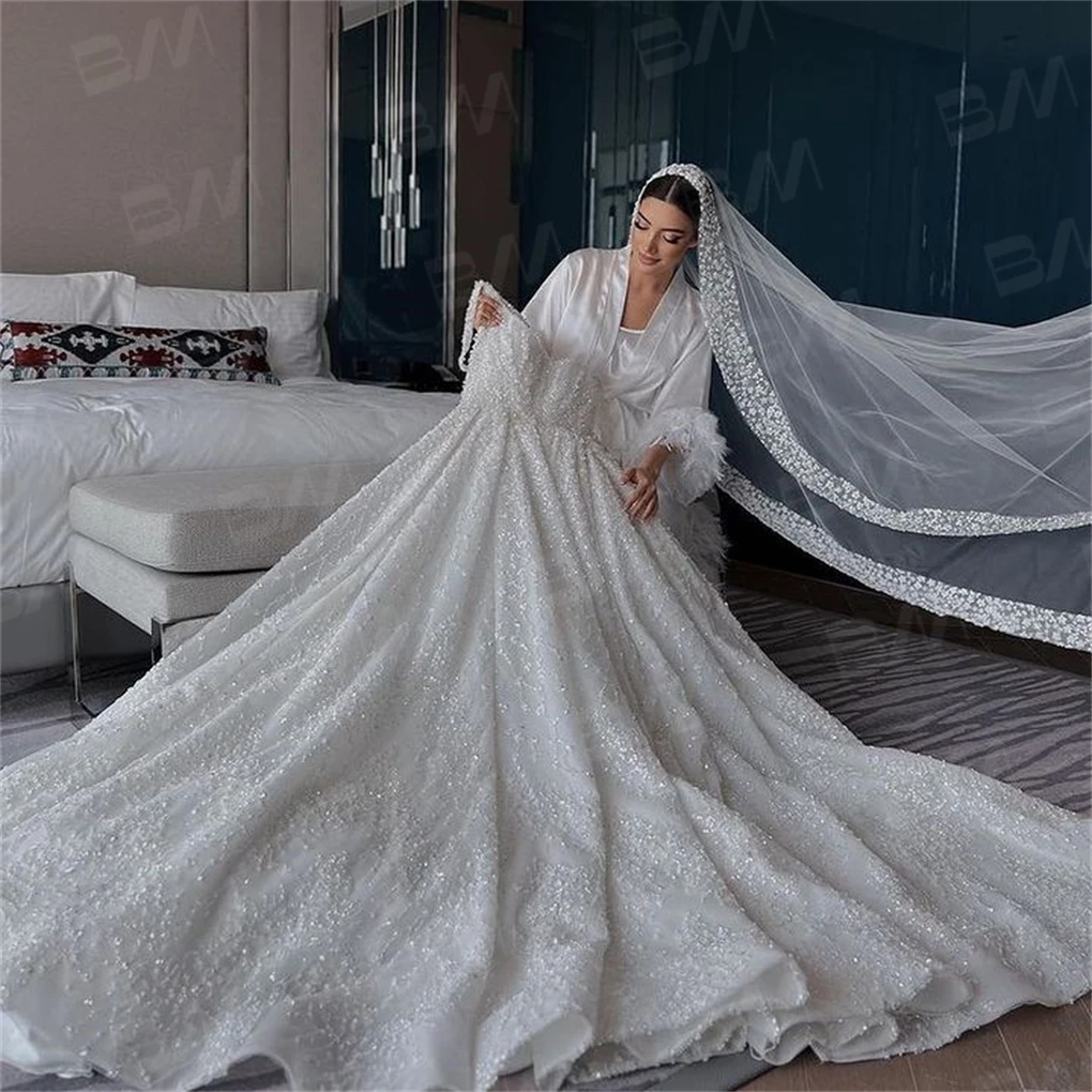 Vestido de noiva frisado à mão para mulheres, cintas de espaguete, linha A, vestido de casamento luxuoso, 2024