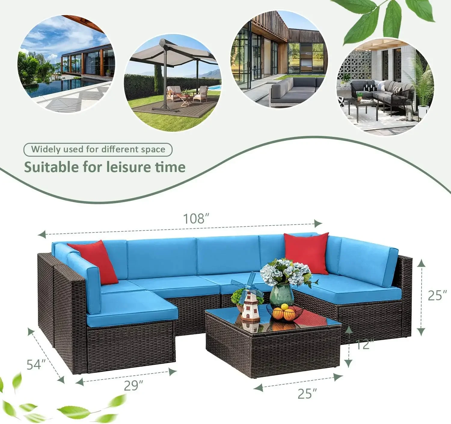 7 Pieces Outdoor Sectional Sofa Patio Furniture Sets Manual Weaving with Cushion and Glass Table (Blue)