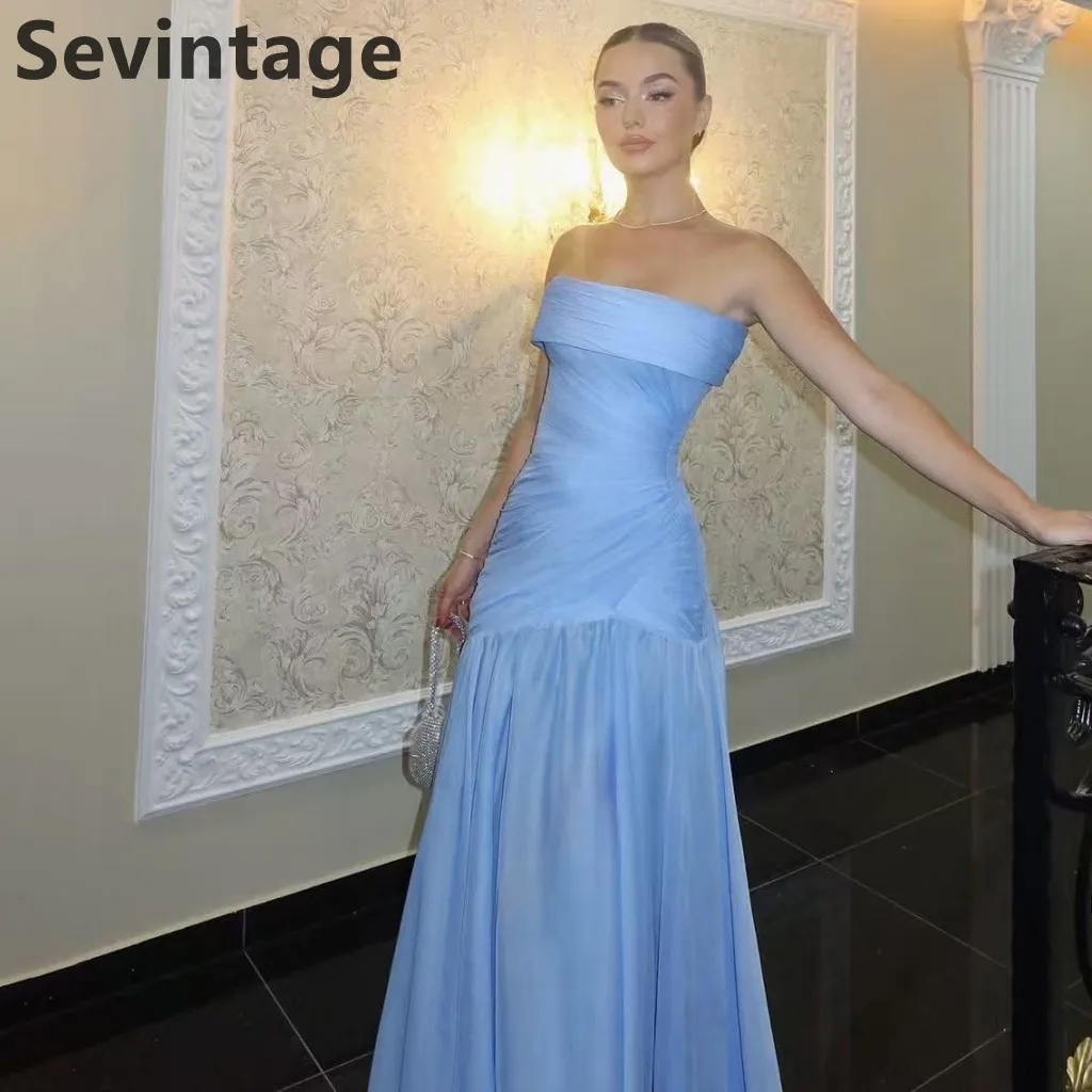 

Eightale 2025 Sky Blue A Line Chiffon Maxi Evening Dress Strapless Pleated Saudi Arabic Prom Dress Dubai Party Gown Customized