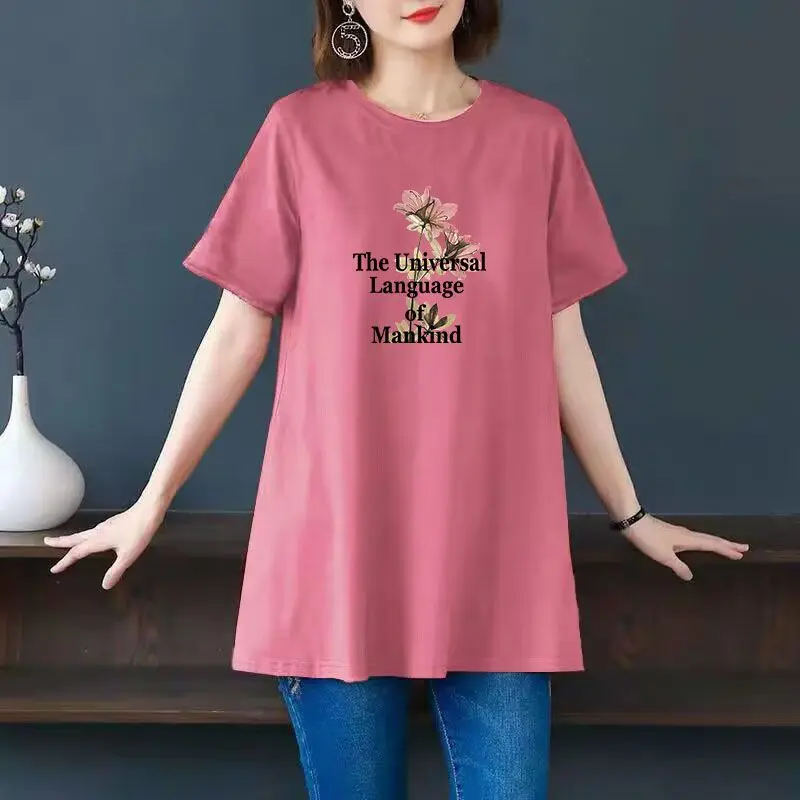 女性用半袖コットンフローラルプリントTシャツ,フローラルプリントバタフライデザインの服,ラウンドネック,ファッショナブル,2023