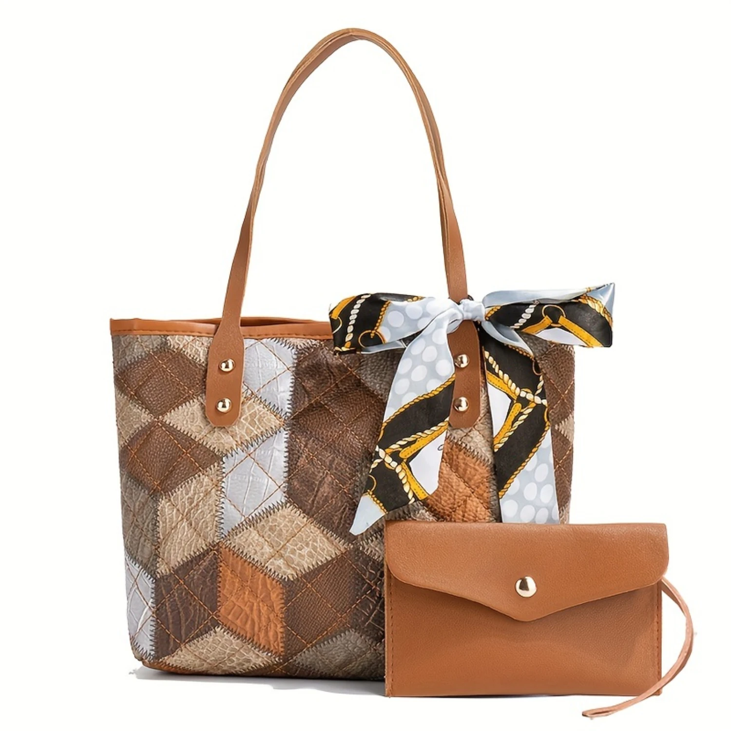 

Geometric Quilted Tote Bag Set with Scarf Accent - PU Leather, Large Capacity Shoulder Bag & Matching Clutch - Stylish Handbag f