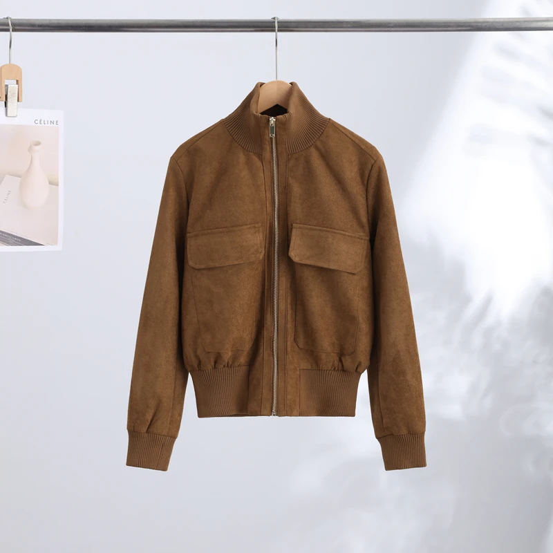 2026 Herbst Vintage Wildleder Damenjacke Langarm Revers Reißverschluss Tasche Stehkragen Kurzer Damenmantel Modische Streetwear-Oberbekleidung – Detail 3