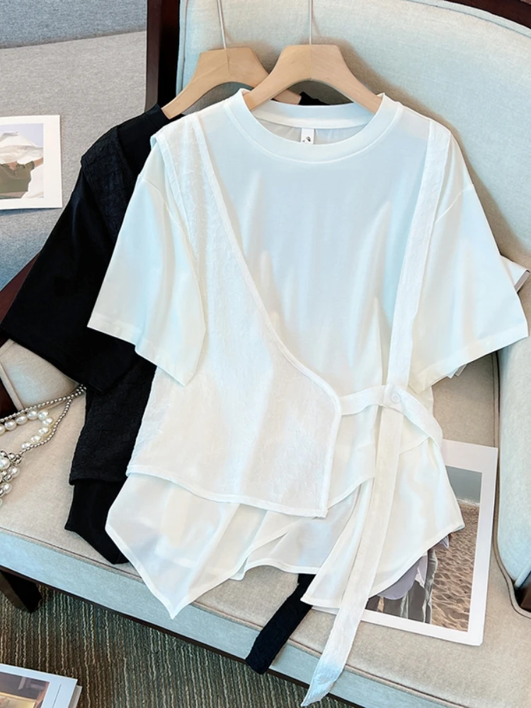 Summer New plus Size Women's T-shirt Irregular Short Sleeve Belly Covering Base Shirt Slimming Unique Personality Top