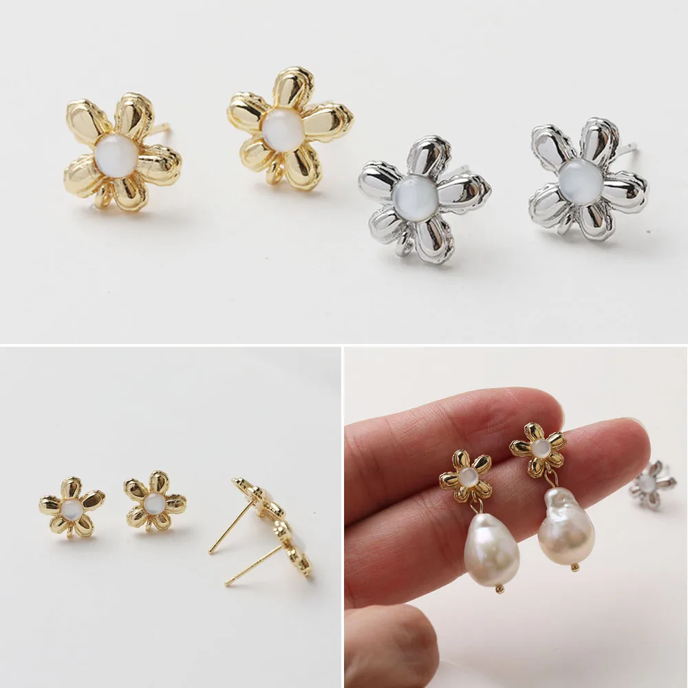 

2Pair 14K Gold Plated Small Fresh Flower Inlaid Shell Earrings Ear Stud Jewelry DIY Making Supplies Material Accessories