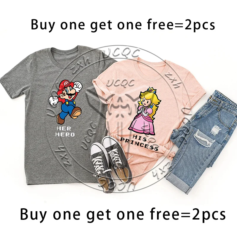 Miniso Cartoon Children's 2Pcs Mario Bros&Princess Peach Couple Short sleeved T-shirt Buy One Get One Free for Men Women's shirt