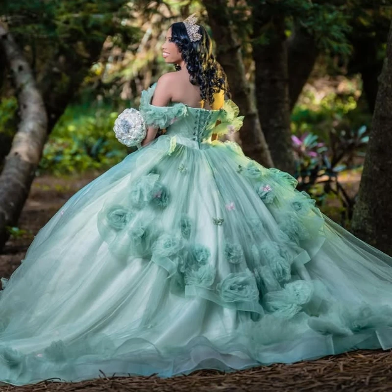 Vestidos de quinceañera personalizados de color verde menta con hombros descubiertos, apliques de encaje con capas de flores, Tull, cola larga, 15 quinceañera