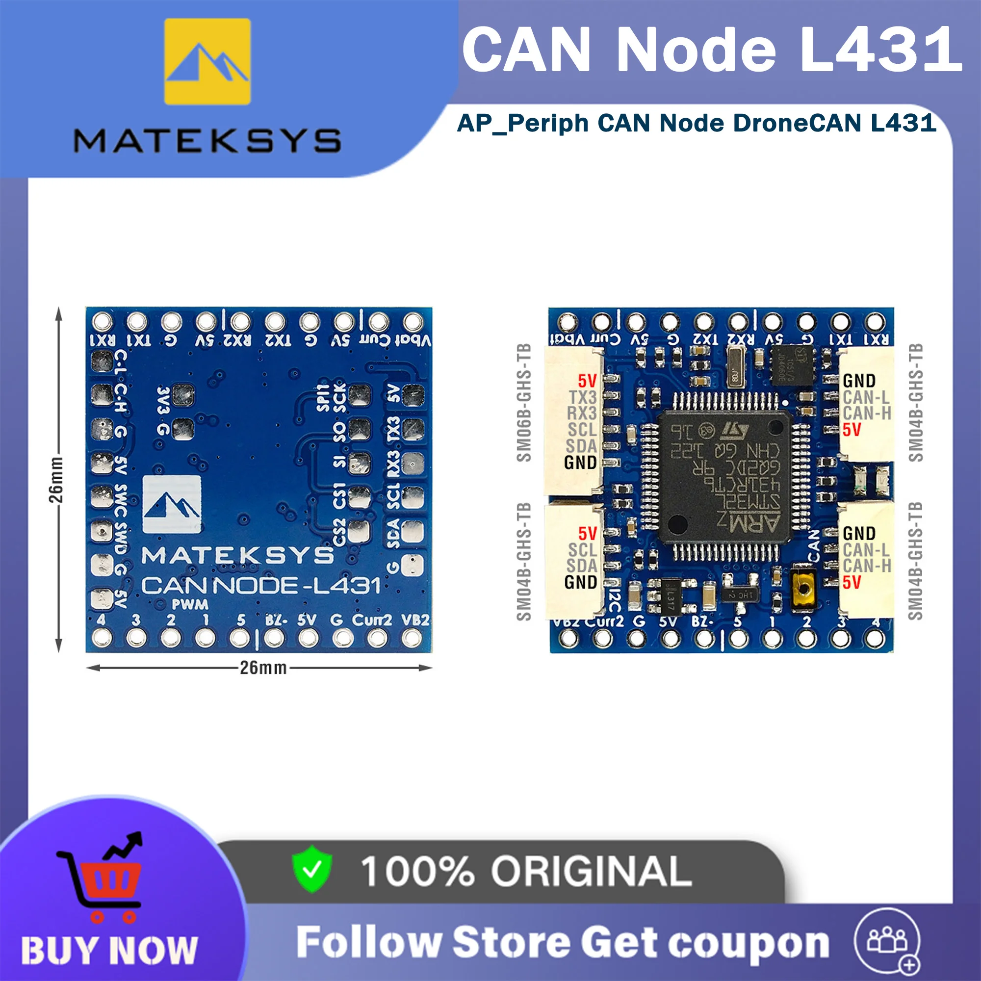 MATEK Mateksys CAN-L431 AP_PERIPH CAN NODE L431 26x26mm for ArduPilot GNSS, Compass, Barometer & Airspeed Sensor