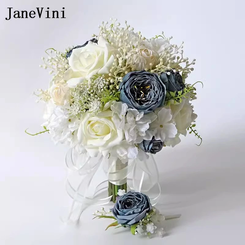 

JaneVini White And Dusty Blue Wedding Bouquet Flowers for Bride Artificial Silk Rose Bridal Hand Flower Marriage Accessories