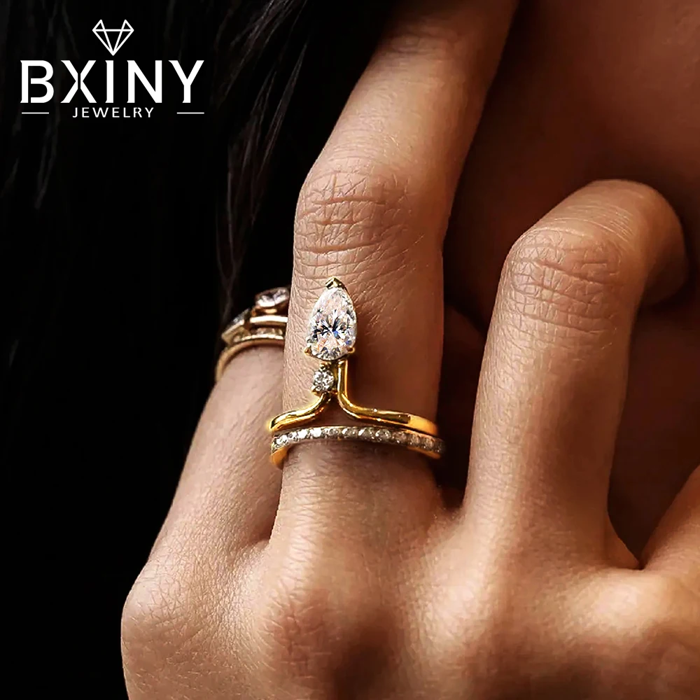

BXINY Elongated Pear Cut Moissanite Ring Set 100%S925 Silver Plate 18K Gold For Women Vintage Diamond Stackble Band Gift Jewelry