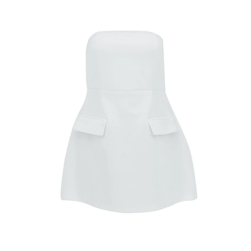 New A-Line Dresses Women Summer Fashion Solid Pockets Sexy Strapless Mini Dress Club Partywear Lady Elegant Casual Slim Dresses