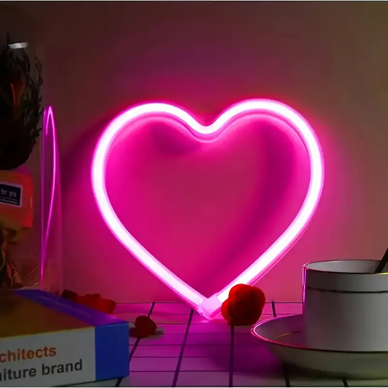 Pink Heart LED Neon Sign USB/Battery Powered LED Light for Bedroom Room Decoration Gift Night Light Decoration Party Holiday