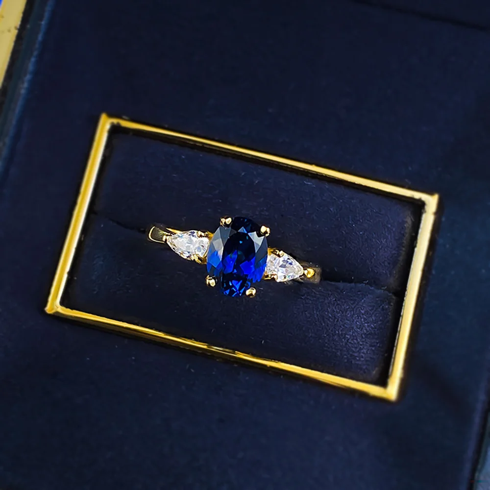 Vintage 18k Gold Plated 925 Sterling Silver 6*8mm Sapphire Rings for Women Lab Diamond Gemstone Party Fine Jewelry Birtyday Gift