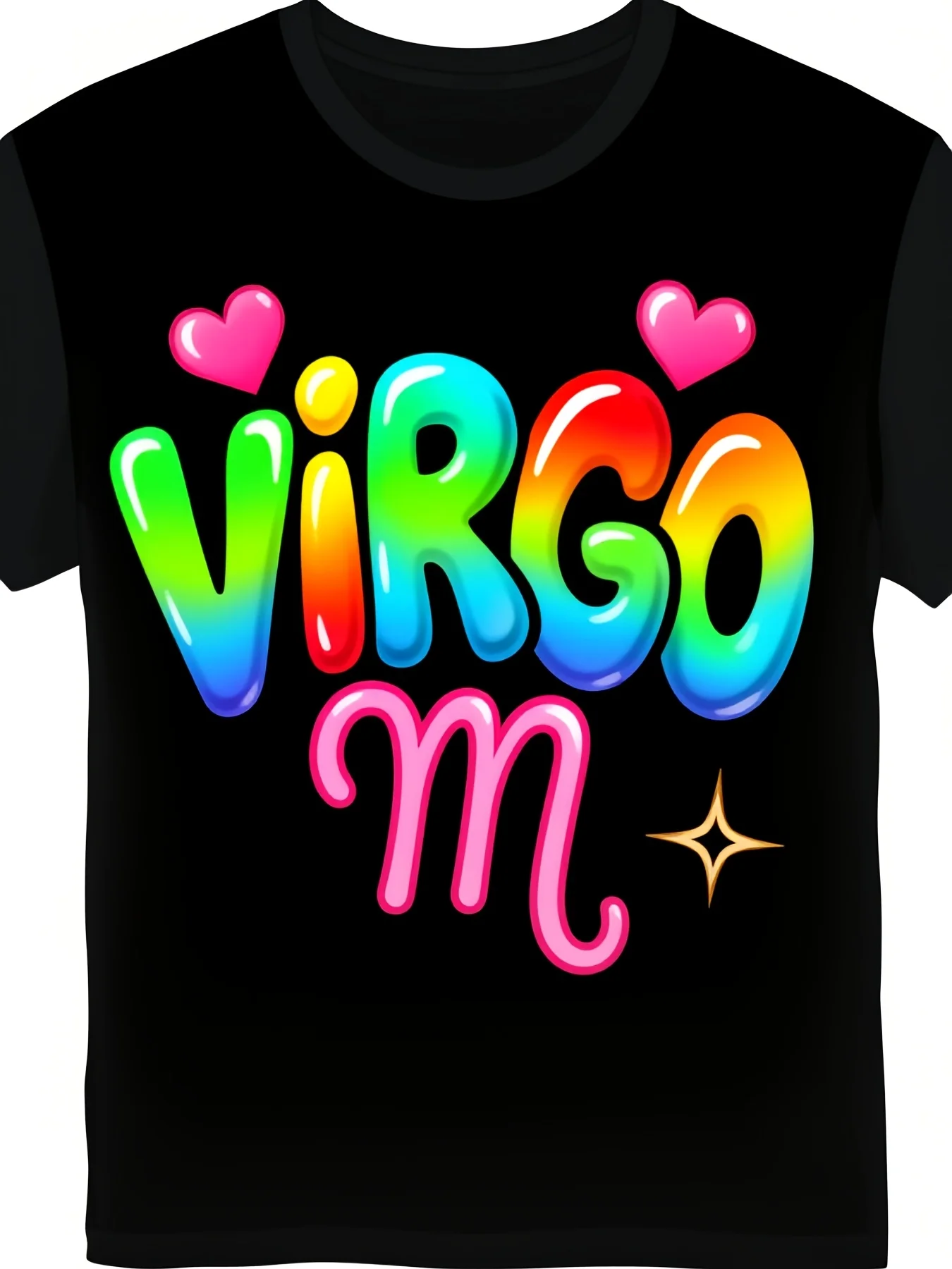 Black T-shirt featuring a vibrant and colorful Virgo constellation pattern, round neck and short sleeve design, suitable for all seasons, ideal for casual wear, unisex style