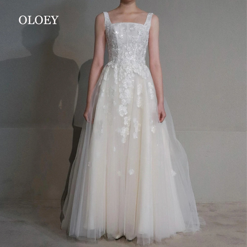 OLOEY Exquisite Ivory Lace Wedding Dress Korea Photoshoot Glitter Flowers Sleeveless Bridal Gown Floor Length Corset Custom Made