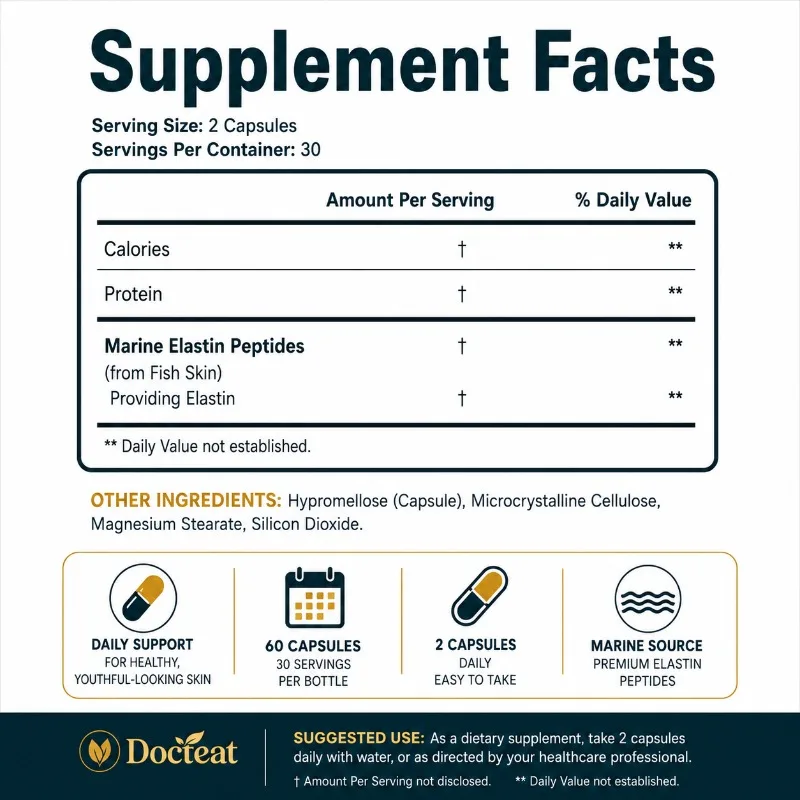 Docteat Elastin Peptide Capsules Skin Elasticity Support with Marine Elastin Peptides for Men and Women 60 Capsules