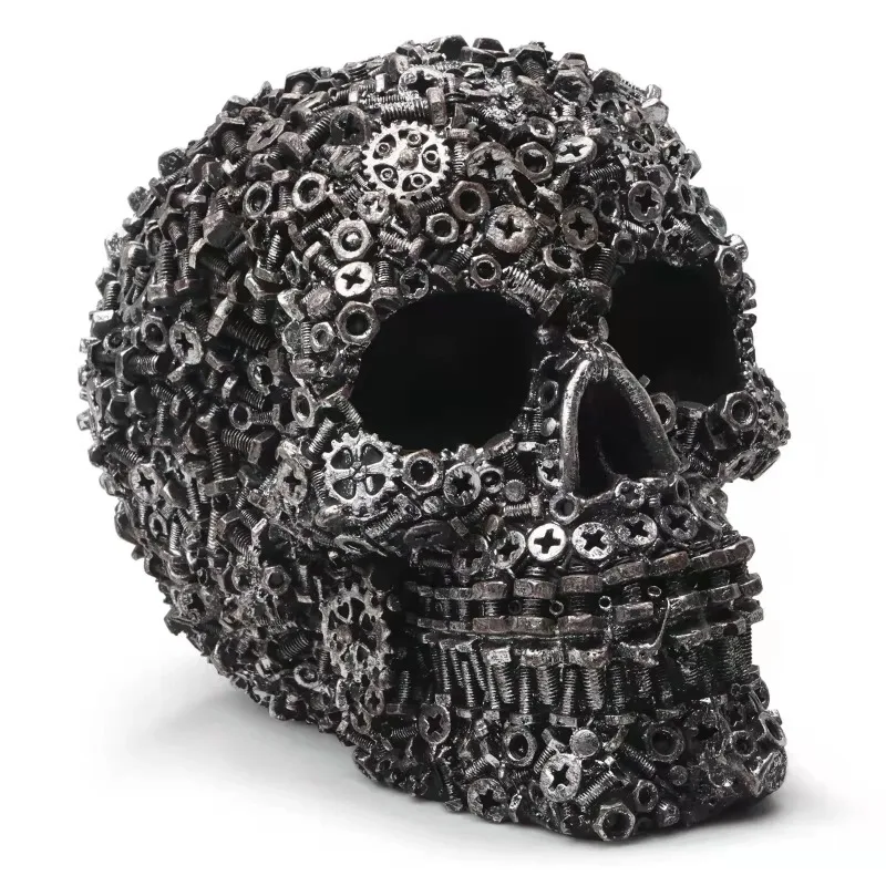 1pc Resin Steampunk Gear Skull Ornament - Industrial Gothic Mechanical Skeleton Head Statue for Home Decor, Halloween