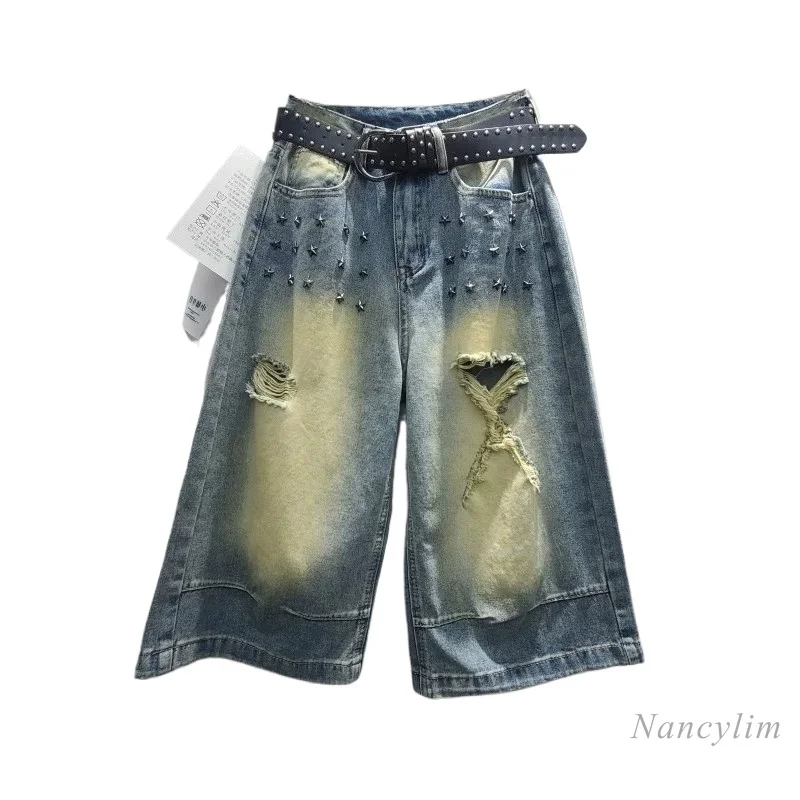 

American-style Washed Ripped Jeans for Women, New Summer Vintage Distressed High-waisted Wide-leg Cropped Casual Pants