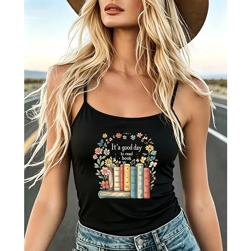 Women Book Club Reading Therapy Print Spaghetti Strap Tank Top Soft Sleeveless Camisole Casual Summer Daily Wear