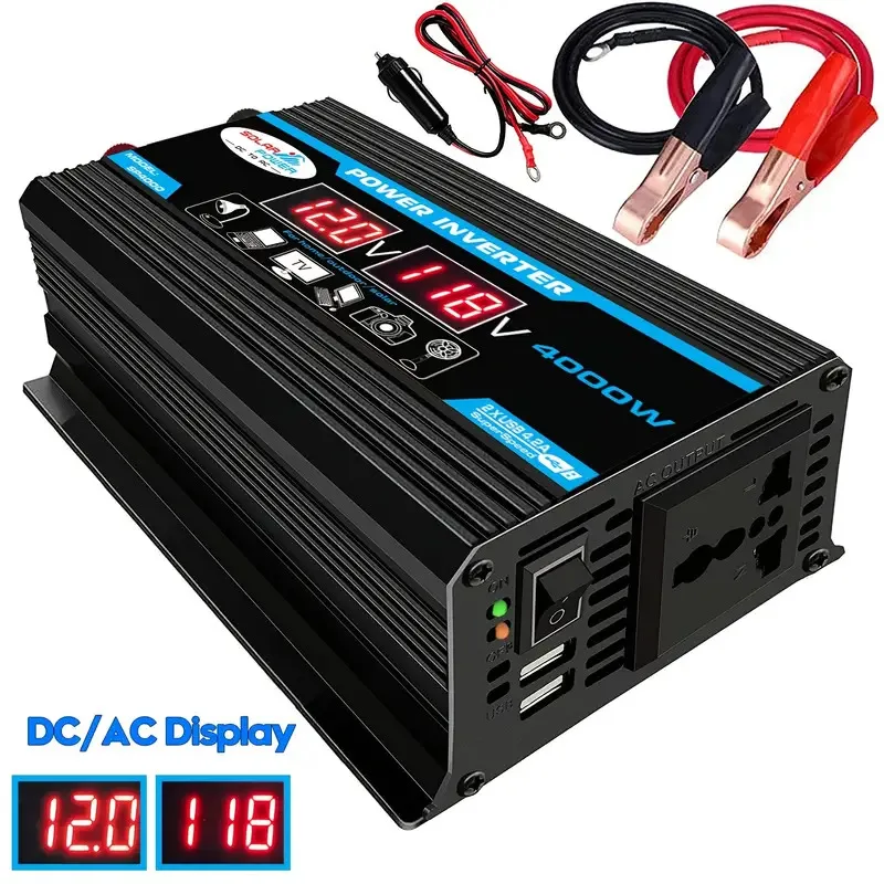4000w-dc12vから110v-220vポータブルコンバータdcからacインバーター、入出力電圧表示付き1acソケット2usb車に最適