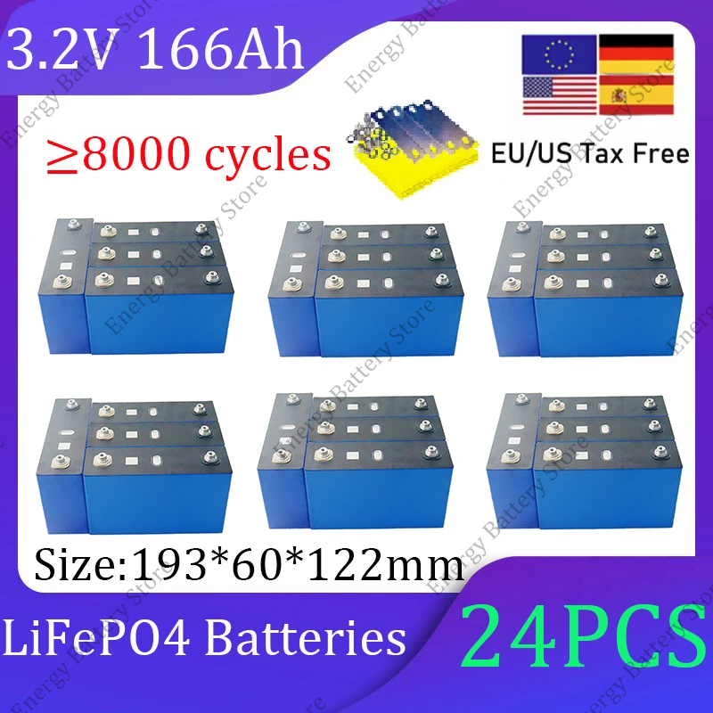 

24 шт. 3,2 В 166 Ач 170 Ач Lifepo4 аккумуляторы большой емкости DIY 12 В 24 В 36 В 48 В подходят для электроинструментов кемпинга накопитель солнечной энергии