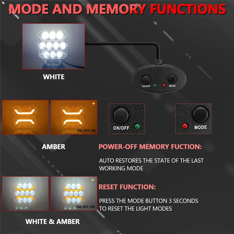 Nuovo--Luce da lavoro a LED quadrata da 4 pollici con kit cablaggio Luce di guida fuoristrada ambra bianca per camion SUV ATV Boat Pickup