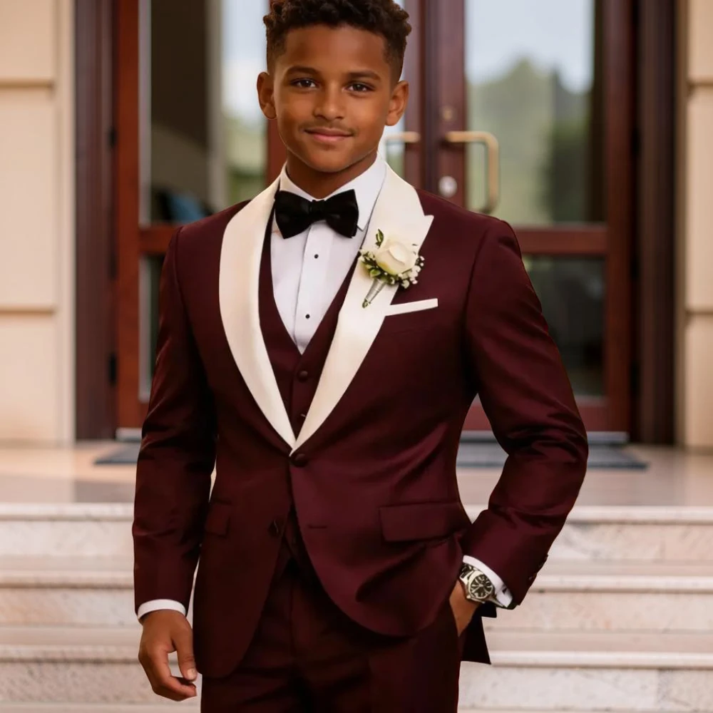 Boys Wedding Tuxedo with White Peak Lapel 3 Pieces Child Suit Set Jacket with Pants Vest Contrast Design Kids Outfit for Prom