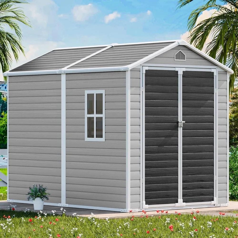 

8X6FT resin storage shed, waterproof large outdoor shed with floor and lockable doors&windows and ventilation openings