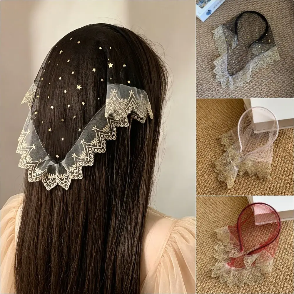 Elegant Mesh Black Tulle Headband Headpiece French-Style Triangle Head Scarf Hair Scarf Bride