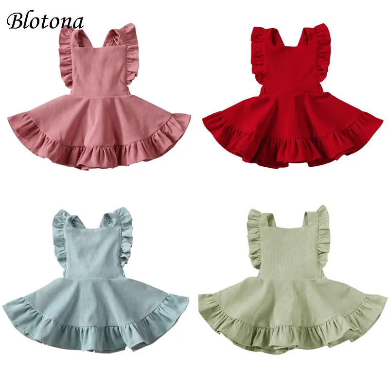 Blotona Lovely Baby Girls Solid Color Suspender Skirt, Sleeveless Square Collar Large Hem High Waist Dress with Ruffles