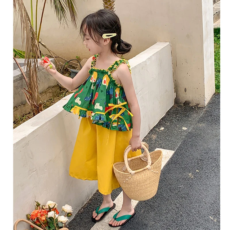 2024 New Summer Kids Clothes Set Girls Cartoon Suspender Tee And Wide Leg Cropped Pants 2 Pcs Suit Children Vacation Wear