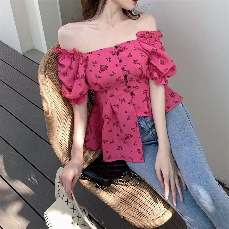 Hotsweet Stand Collar Waist Shirt 2024 Summer Puff Sleeve Women\'s Clothing Broken Flowers Fashion Asymmetrical Folds Slim Blouse