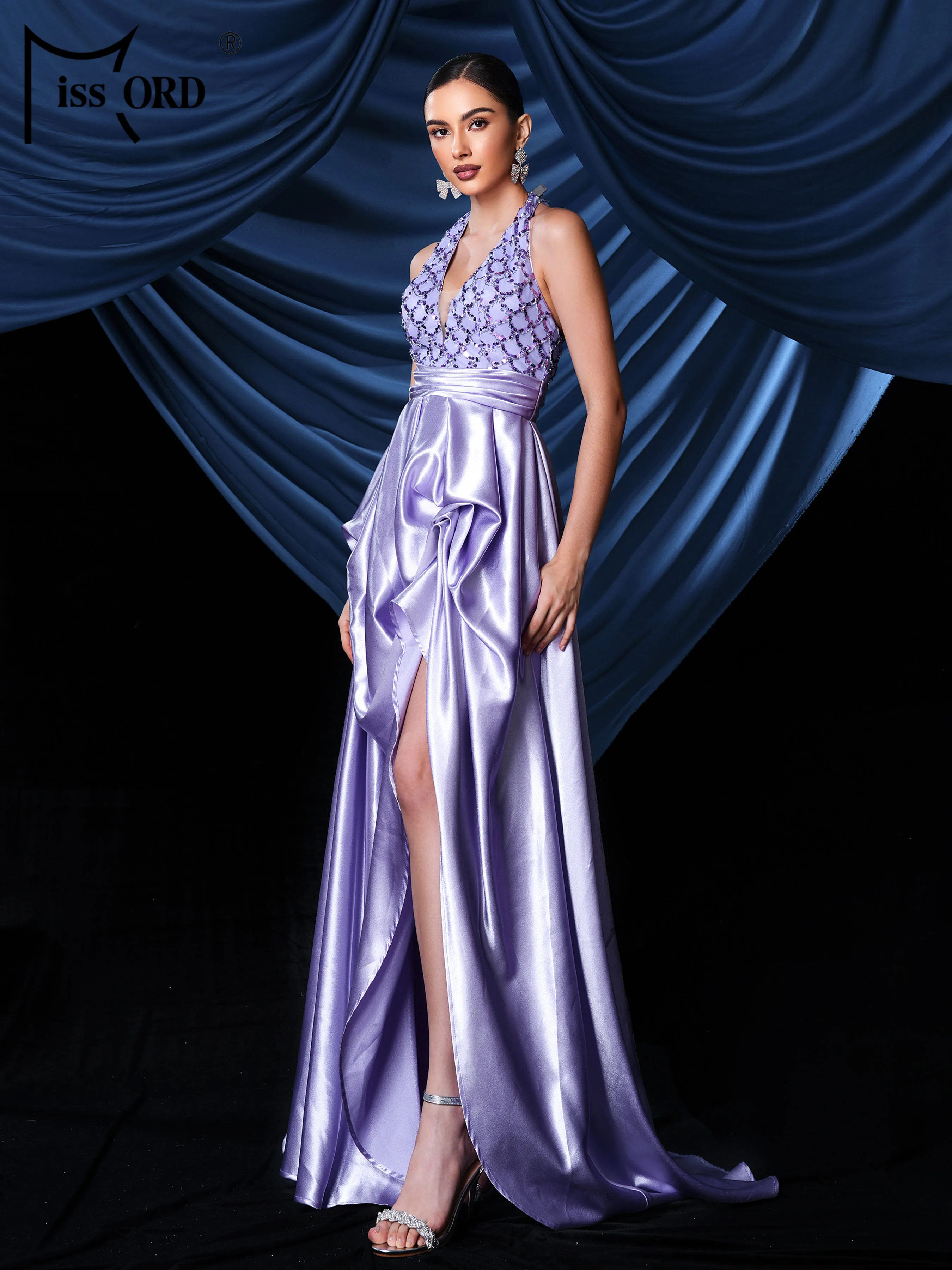 Missord-背中の開いたスプリットイブニングドレス,Vネック,紫色,結婚式,誕生日パーティー,カクテル,床の長さ,新品