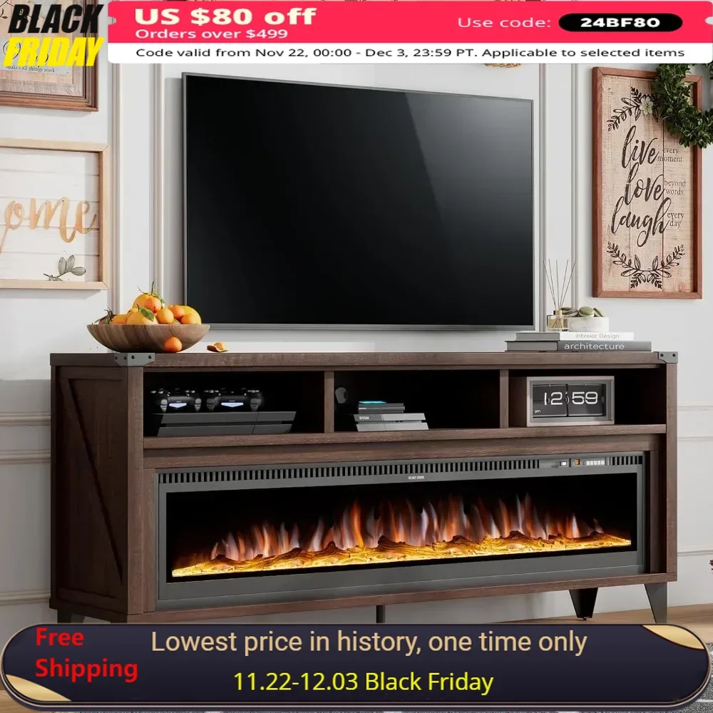 Fireplace TV Stand with Open Shelve Storage for TVs Up To 75" Industrial & Farmhouse Media Center Electric Fireplace TV Console