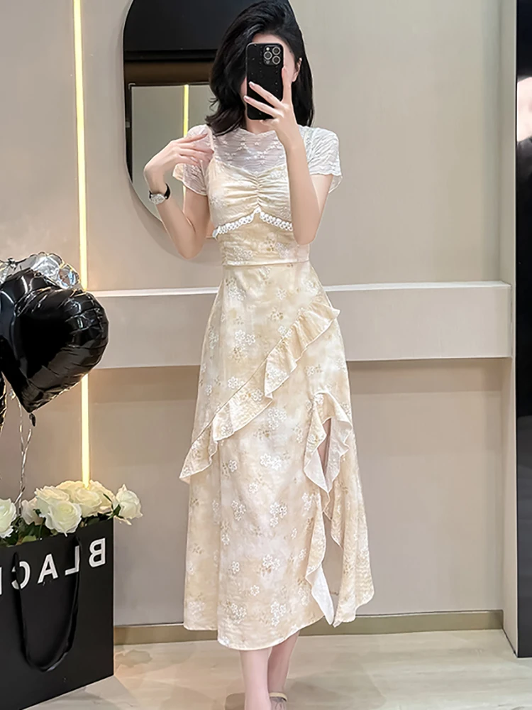 Zomer Vrouwen Koreaanse Mode Elegante Casual Vakantie Jurk Past 2025, Nieuwe Bloemen Chiffon Verstoorde Sling Jurk + Kant Top Shirts Suits