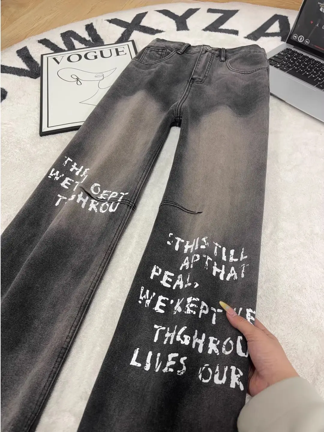 

American Letter Print High Waist Slim Straight Leg Jeans Men's Vibe Sle Casual Loose Fit Spring Season Teenage Faion