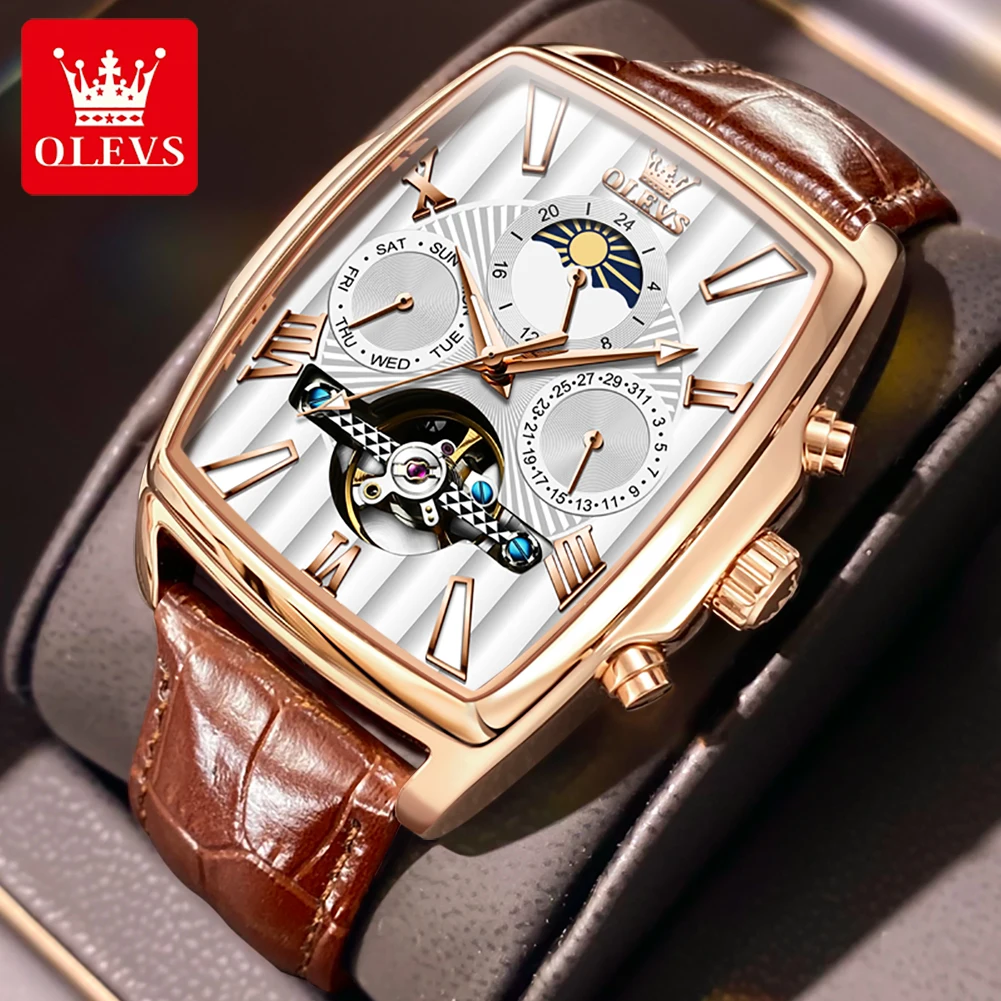 

OLEVS 2024 New Design Luxury Rose Gold Mechanical Watches for Men Fashion Moon Phase Tourbillon Watch Waterproof Male Wristwatch