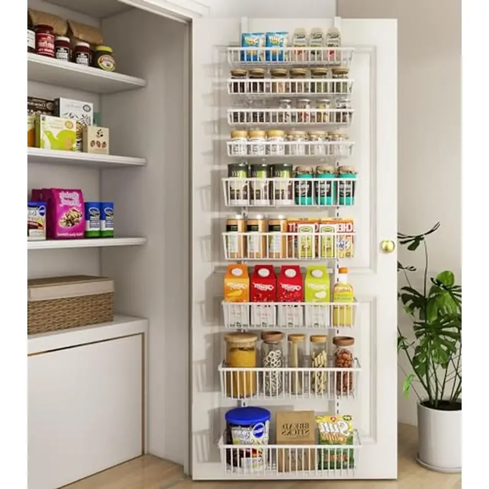 Adjustable Over Door Pantry Organizer 9-Tier Hanging Wall Spice Rack Metal Storage Basket Organizer White