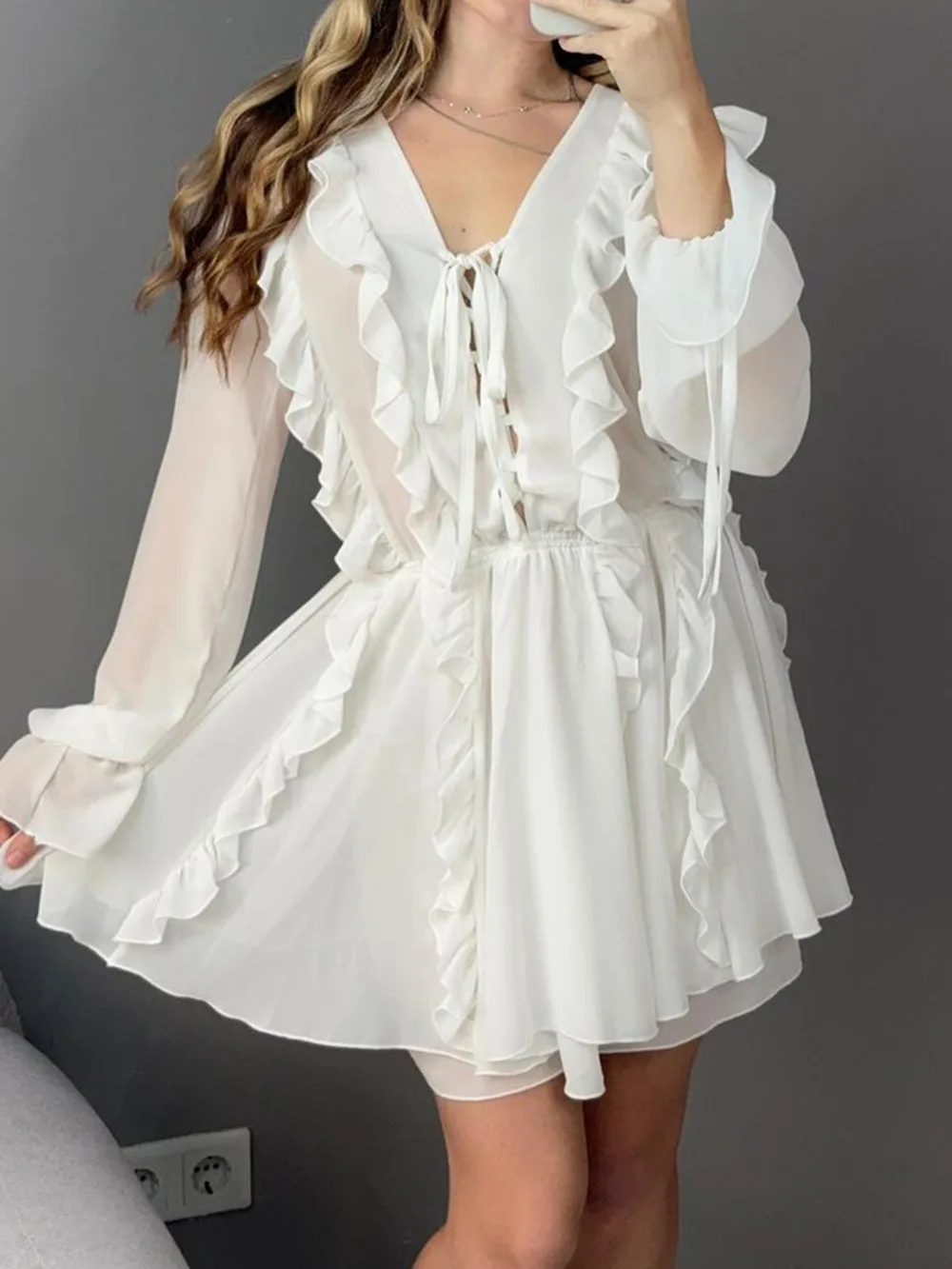 

WXOY Women Cocktail Ruffled Ruffle Tiered Dresses Flared Lace-up V Neck Long Sleeve Wedding Guest Graduation Party Mini Dress