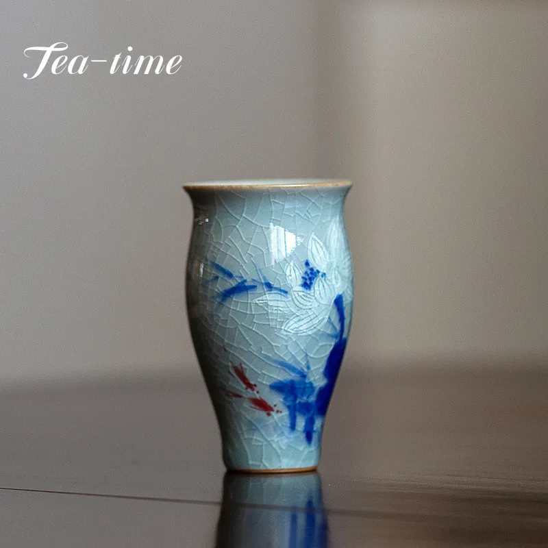 Retro Old Pottery Mud Ice Crack Ceramic Tea Cup Pure Hand-painted Fish Play Tea Cup Ice Flake Glaze Master Cup Opening