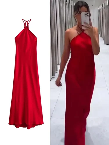 Vestidos largos con cuello Halter para mujer, vestido de satén con espalda descubierta y hombros descubiertos, vestidos por debajo de la rodilla sexys, vestido de fiesta de noche elegante 2024