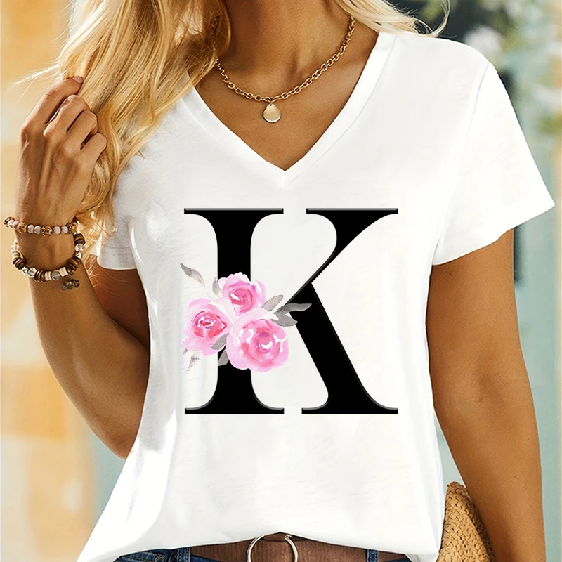 

Summer Alphabet Retro Floral V-neck Short-sleeved T-shirt Cherry Blossom Letter Loose Fashion Top Tee Sakura Series Women Tshirt