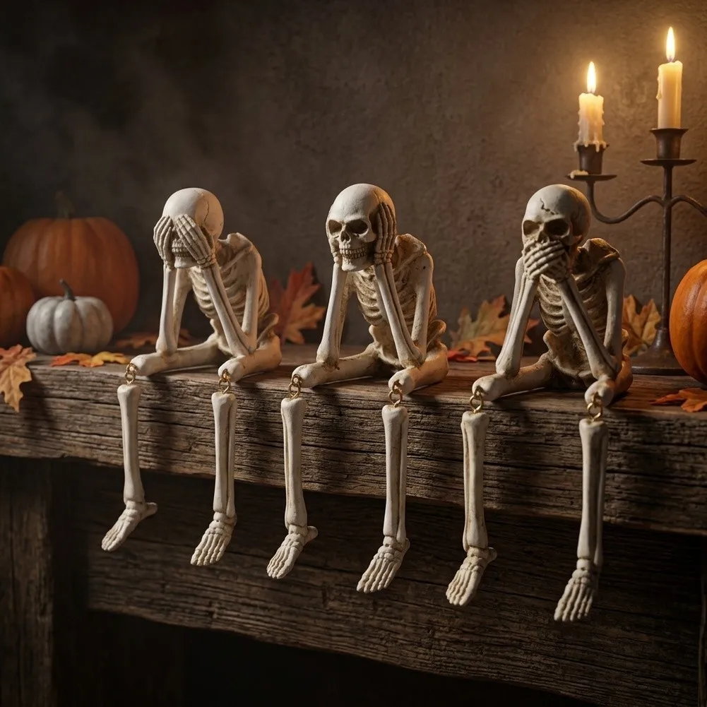 3pcs White Resin Halloween Skeleton Statues Hear See Speak No Evil Figurines For Fireplace Tabletop Gothic Home Party Ornaments
