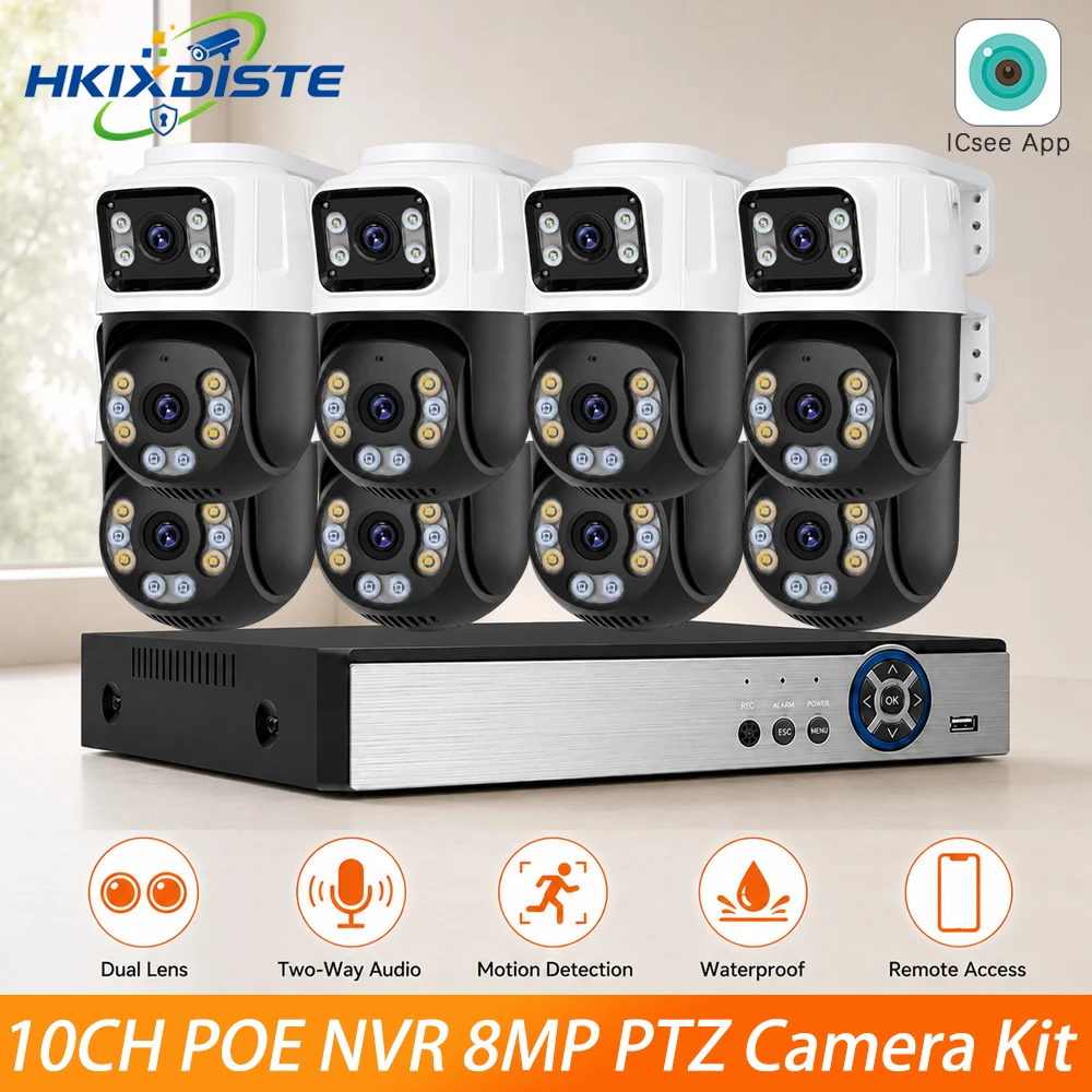 10CH 8MP 4K PoE Surveillance System 4/8X Dual Lens PTZ Cameras Two Way Audio Motion Detection Waterproof Remote ICSee NVR Kit