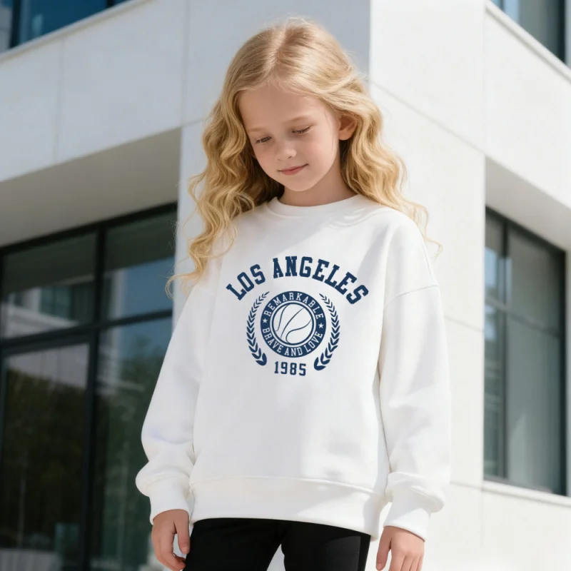 سويت شيرت مطبوع عليه كرة السلة للأطفال من لوس أنجلوس - بلوفر عصري كاجوال بأكمام طويلة للفتيات والفتيان، طراز قديم مريح لعام 1985 #3