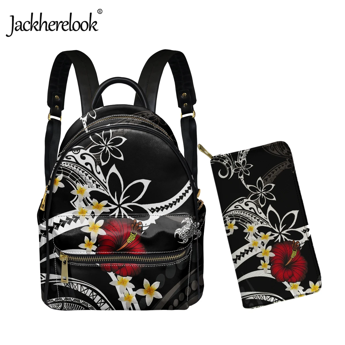 Jackherelook Casual Women Backpack Polynesian Plumerie Hibiscus Print Ladies PU Leather School Bag 2Pcs/Set Female Bag&Wallet