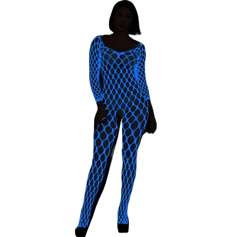 Women's Night Luminous Sexy Lingerie Long-sleeved Open Crotch Perspective Firefly Light Onesie Blue Light Onesie Net Socks  Coat